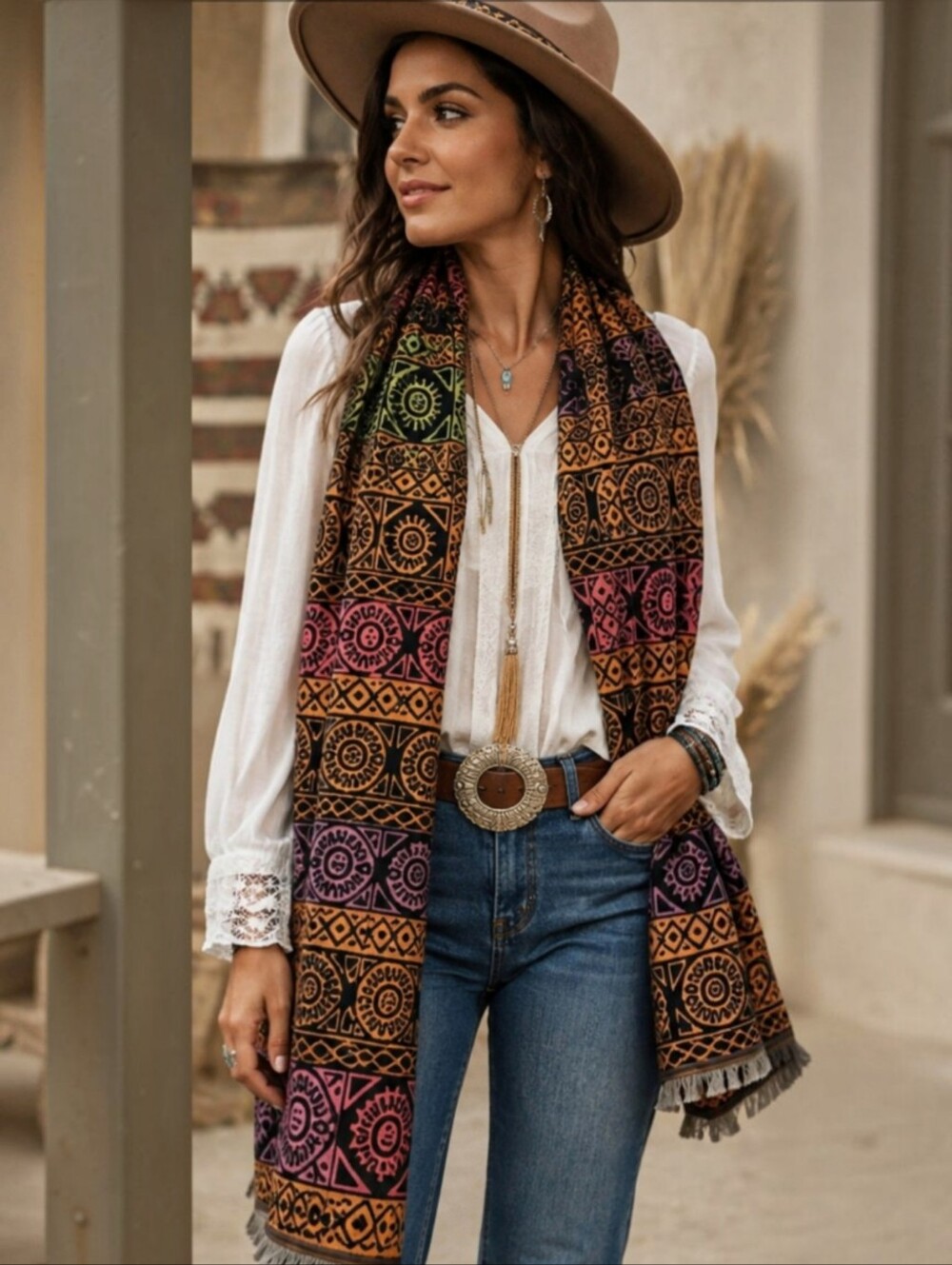 FRYE NWT Boho Aztec Inspired Woven Scarf Wrap Fringe Black Multicolor 70" x 23"